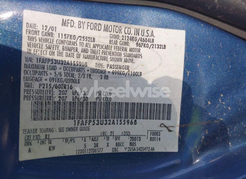 Photo 9 of 2002 Ford Taurus SE (VIN 1FAFP53U32A155968)