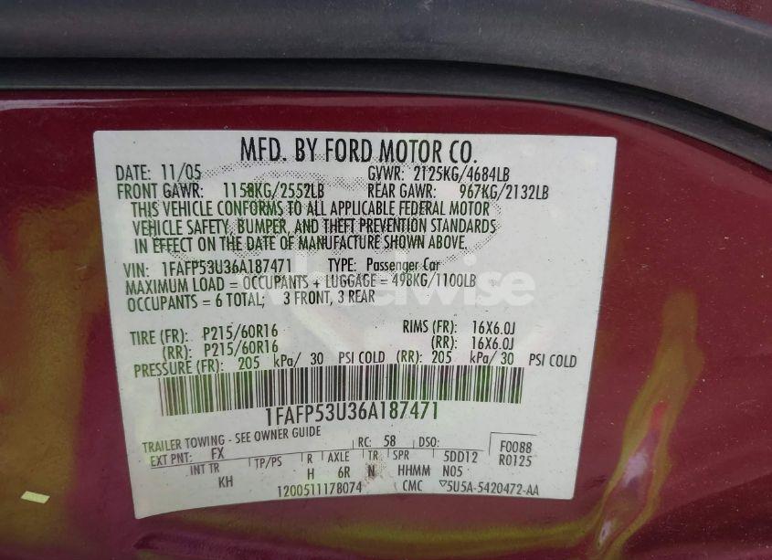 Photo 9 of 2006 Ford Taurus SE (VIN 1FAFP53U36A187471)