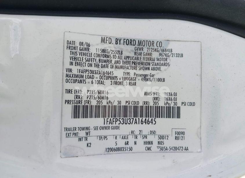 Photo 9 of 2007 Ford Taurus SE (VIN 1FAFP53U37A164645)
