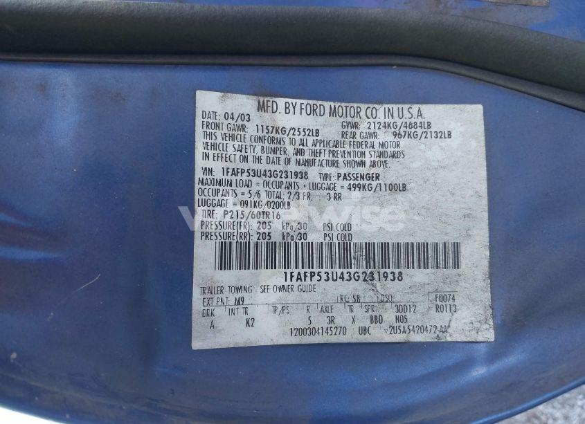 Photo 9 of 2003 Ford Taurus SE (VIN 1FAFP53U43G231938)