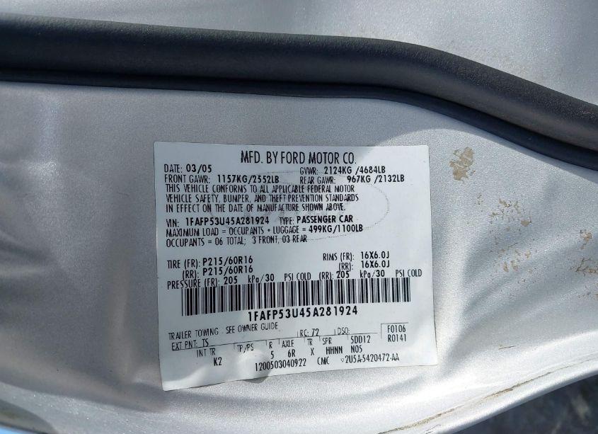 Photo 9 of 2005 Ford Taurus SE (VIN 1FAFP53U45A281924)