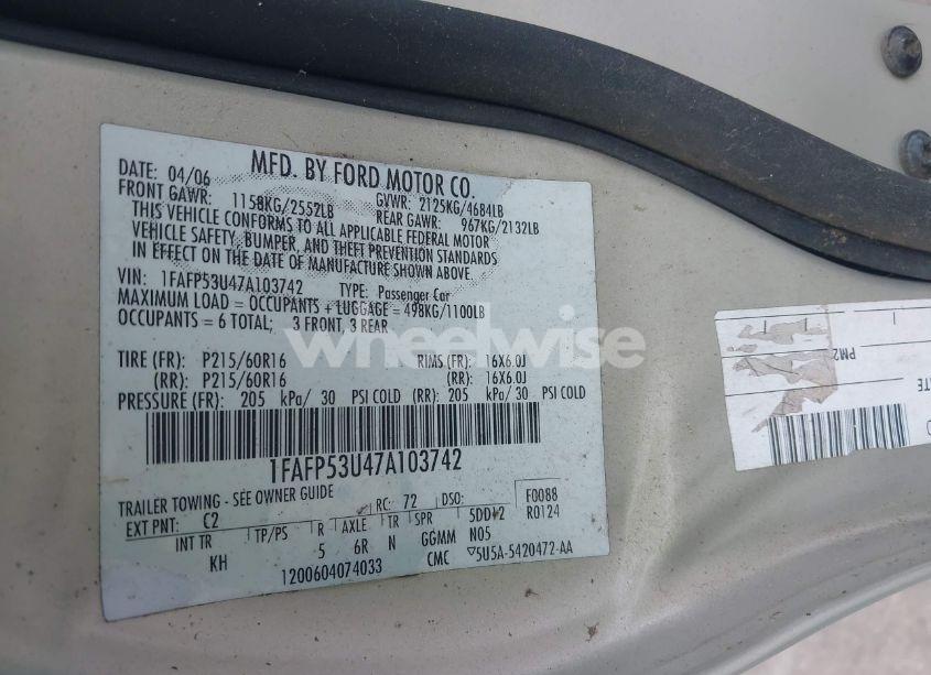 Photo 9 of 2007 Ford Taurus SE (VIN 1FAFP53U47A103742)