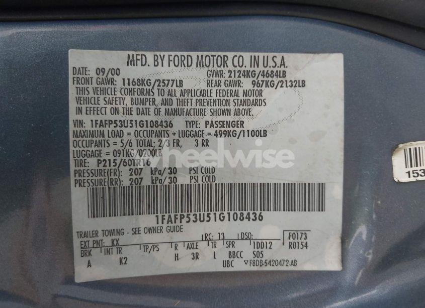 Photo 9 of 2001 Ford Taurus SE (VIN 1FAFP53U51G108436)