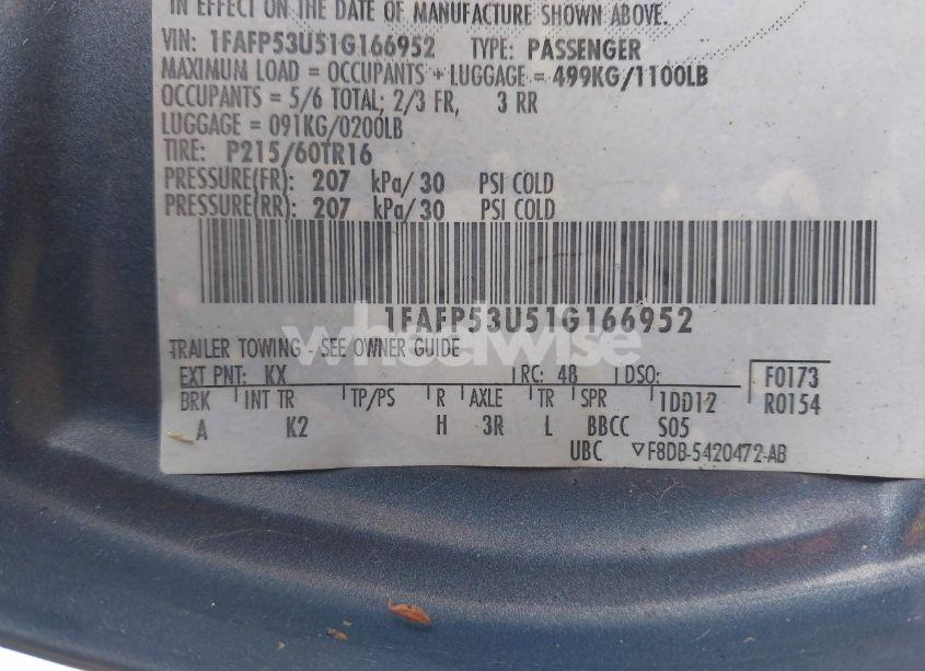 Photo 9 of 2001 Ford Taurus SE (VIN 1FAFP53U51G166952)