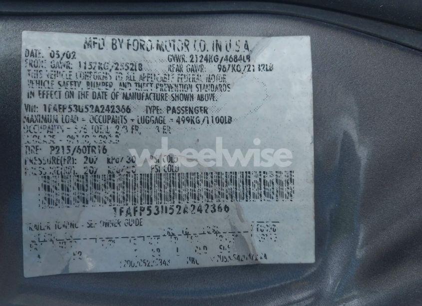 Photo 9 of 2002 Ford Taurus SE (VIN 1FAFP53U52A242366)