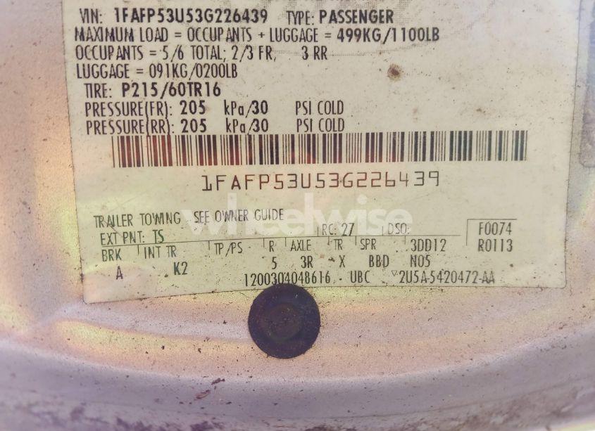 Photo 9 of 2003 Ford Taurus SE (VIN 1FAFP53U53G226439)