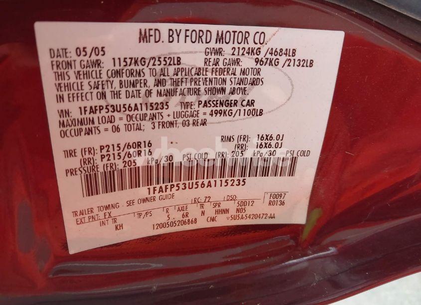 Photo 9 of 2006 Ford Taurus SE (VIN 1FAFP53U56A115235)