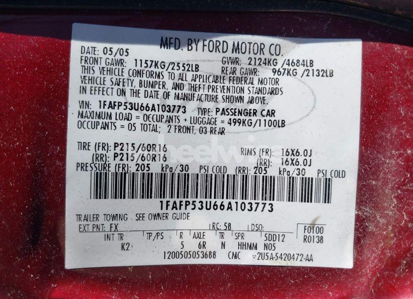 Photo 9 of 2006 Ford Taurus SE (VIN 1FAFP53U66A103773)