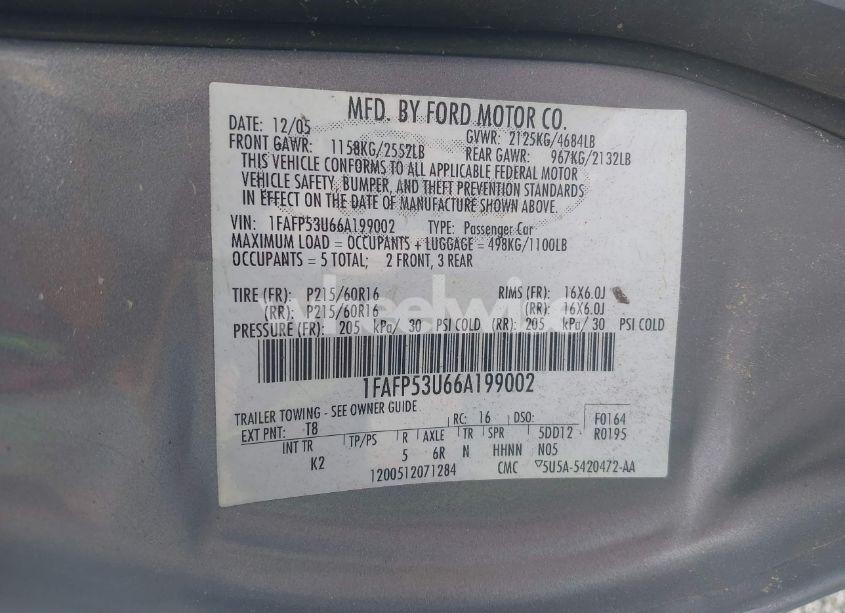 Photo 9 of 2006 Ford Taurus SE (VIN 1FAFP53U66A199002)