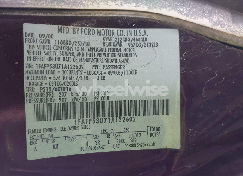 Photo 9 of 2001 Ford Taurus SE (VIN 1FAFP53U71A122602)