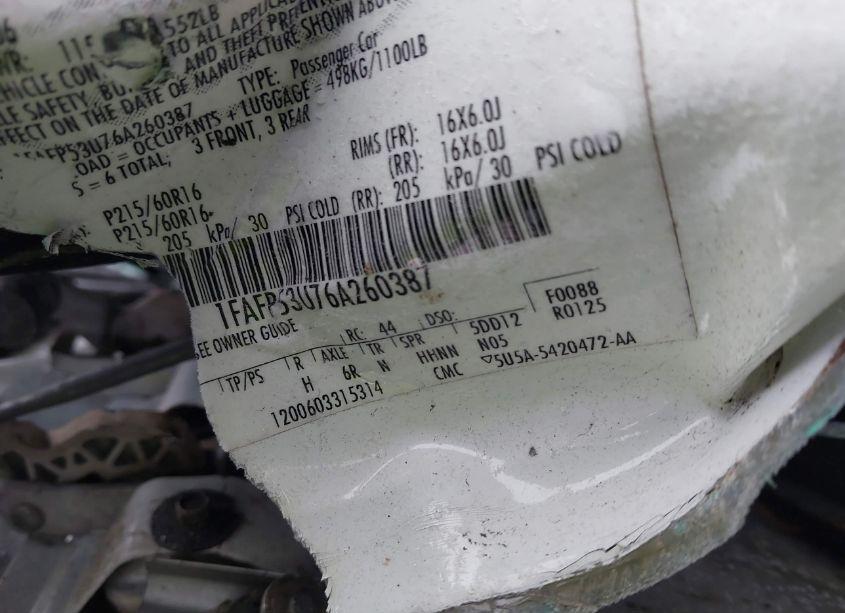 Photo 9 of 2006 Ford Taurus SE (VIN 1FAFP53U76A260387)