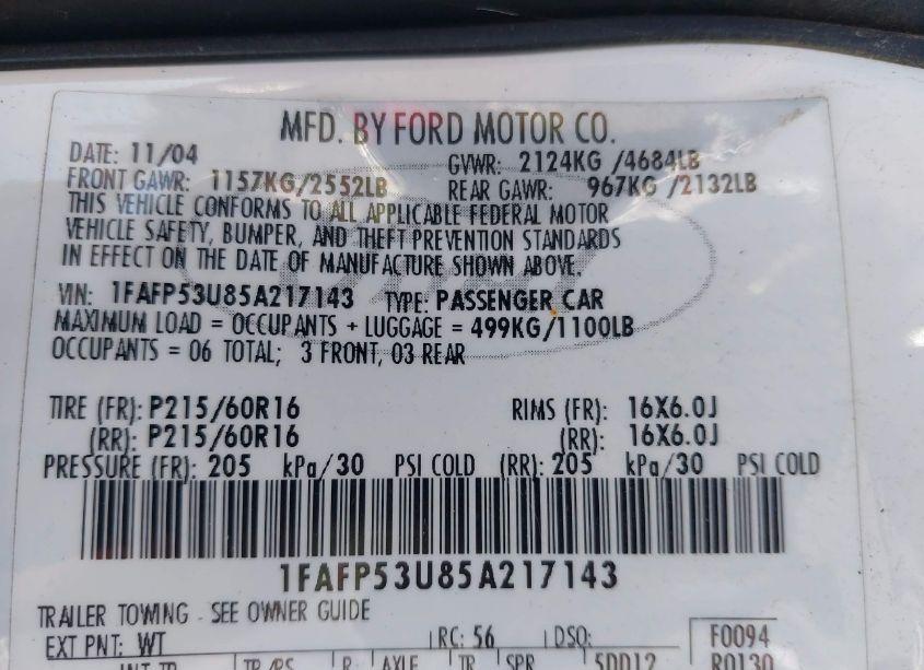 Photo 9 of 2005 Ford Taurus SE (VIN 1FAFP53U85A217143)