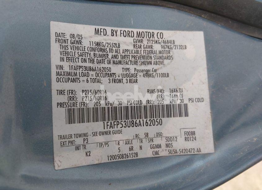 Photo 9 of 2006 Ford Taurus SE (VIN 1FAFP53U86A162050)