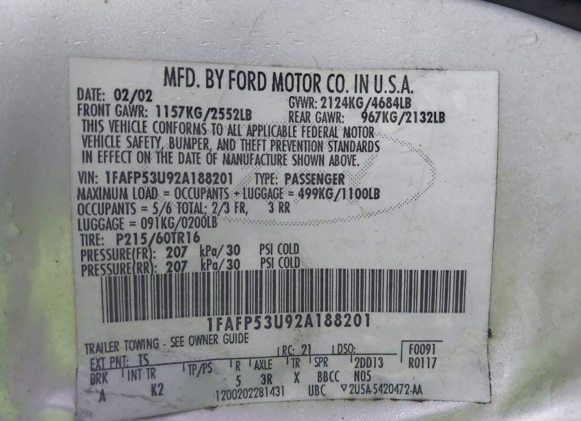 Photo 9 of 2002 Ford Taurus SE (VIN 1FAFP53U92A188201)