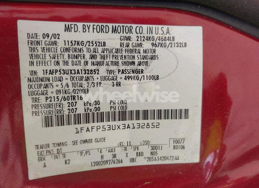 Photo 9 of 2003 Ford Taurus SE (VIN 1FAFP53UX3A132852)
