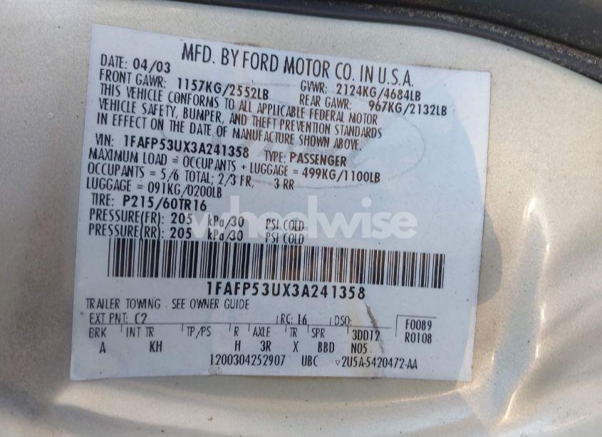 Photo 9 of 2003 Ford Taurus SE (VIN 1FAFP53UX3A241358)