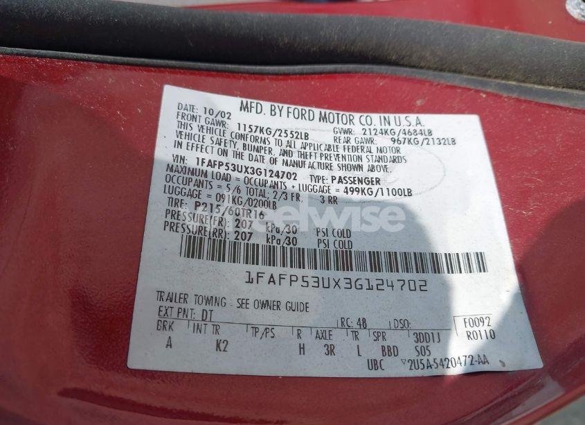 Photo 9 of 2003 Ford Taurus SE (VIN 1FAFP53UX3G124702)