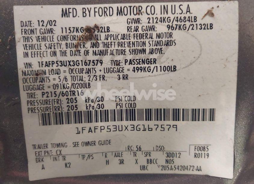 Photo 9 of 2003 Ford Taurus SE (VIN 1FAFP53UX3G167579)