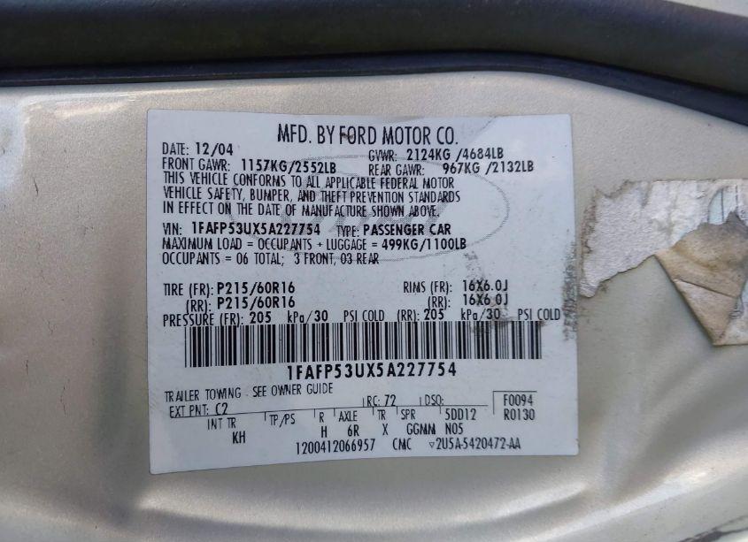 Photo 9 of 2005 Ford Taurus SE (VIN 1FAFP53UX5A227754)