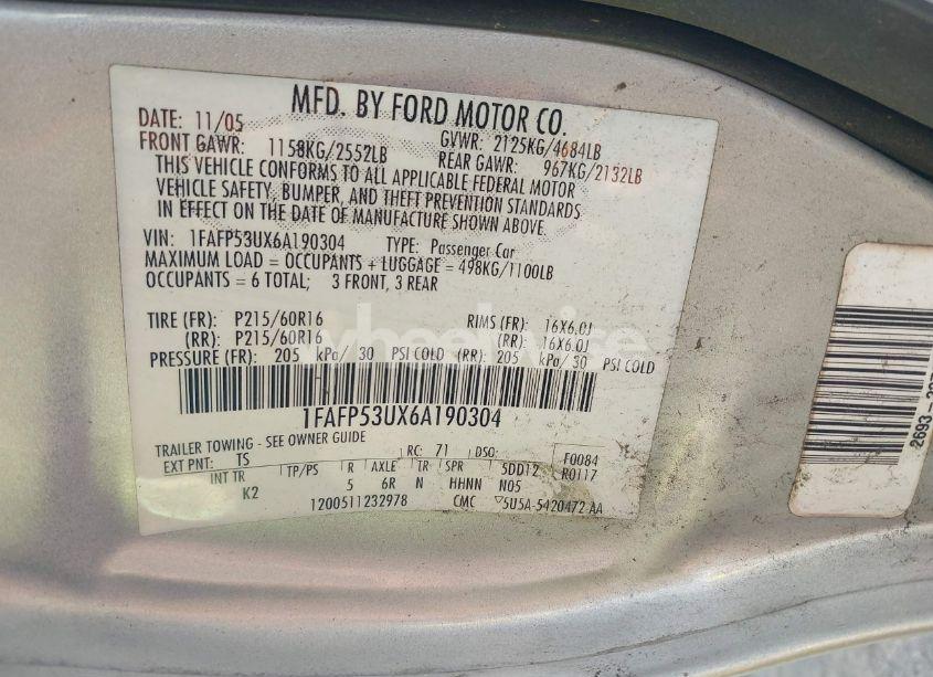 Photo 9 of 2006 Ford Taurus SE (VIN 1FAFP53UX6A190304)