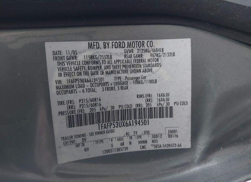 Photo 9 of 2006 Ford Taurus SE (VIN 1FAFP53UX6A194501)