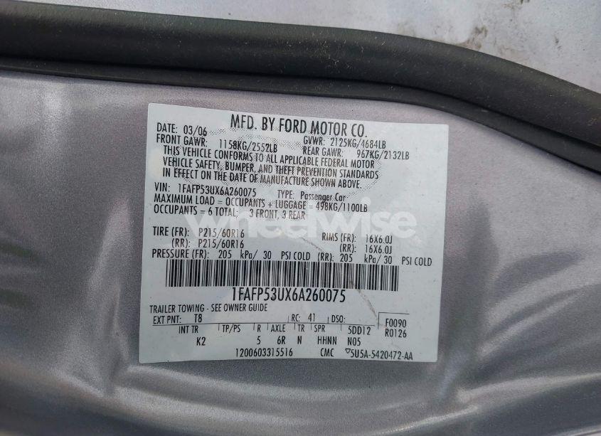 Photo 9 of 2006 Ford Taurus SE (VIN 1FAFP53UX6A260075)