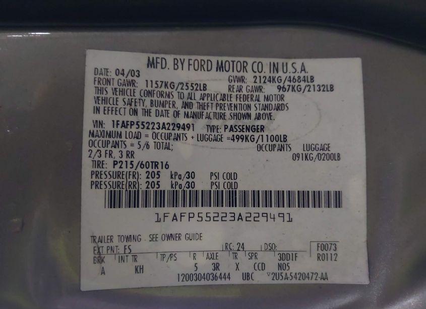 Photo 9 of 2003 Ford Taurus SES (VIN 1FAFP55223A229491)