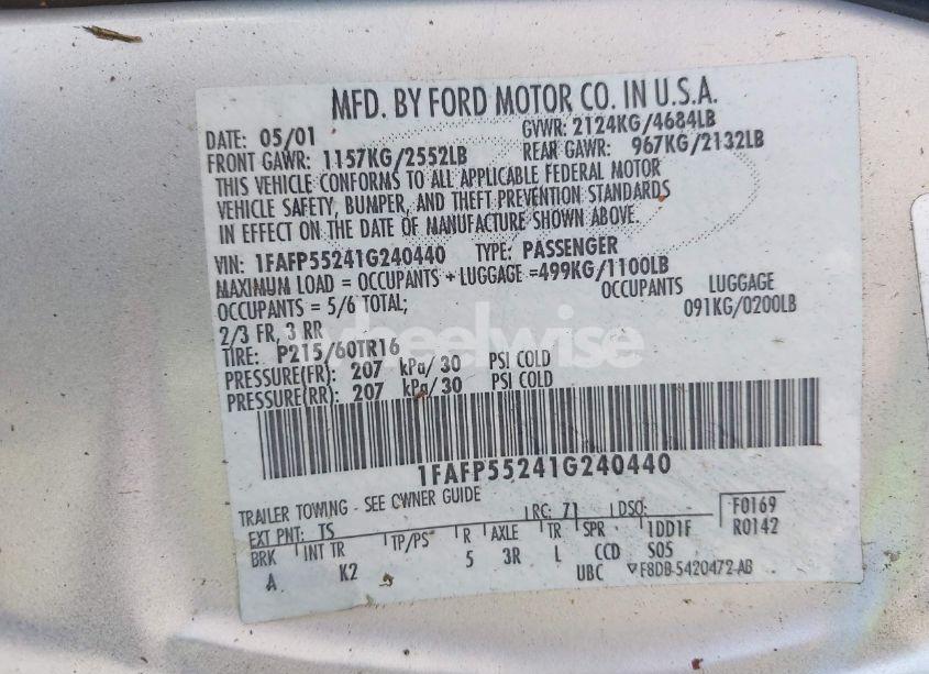 Photo 9 of 2001 Ford Taurus SES (VIN 1FAFP55241G240440)