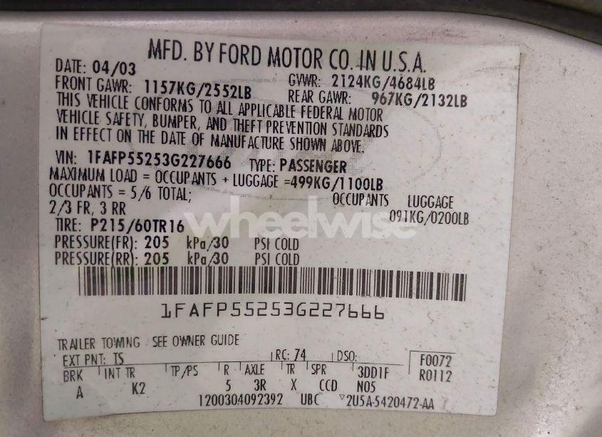 Photo 9 of 2003 Ford Taurus SES (VIN 1FAFP55253G227666)