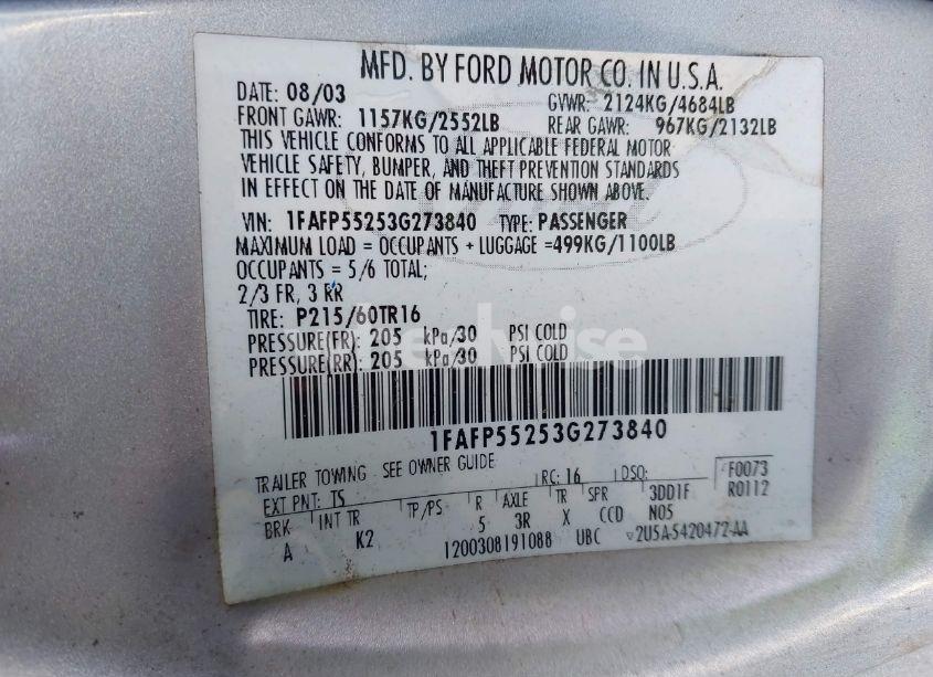 Photo 9 of 2003 Ford Taurus SES (VIN 1FAFP55253G273840)