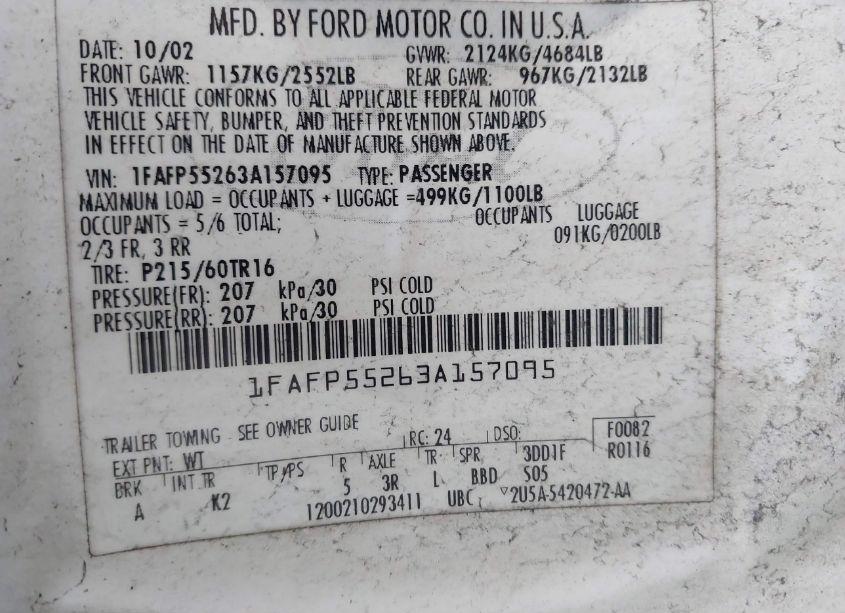 Photo 9 of 2003 Ford Taurus SES (VIN 1FAFP55263A157095)