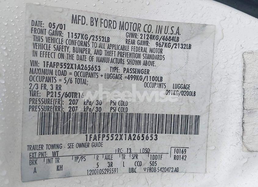 Photo 9 of 2001 Ford Taurus SES (VIN 1FAFP552X1A265653)