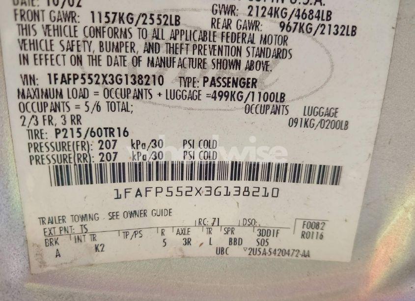 Photo 9 of 2003 Ford Taurus SES (VIN 1FAFP552X3G138210)