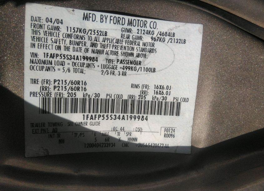 Photo 9 of 2004 Ford Taurus SES (VIN 1FAFP55S34A199984)