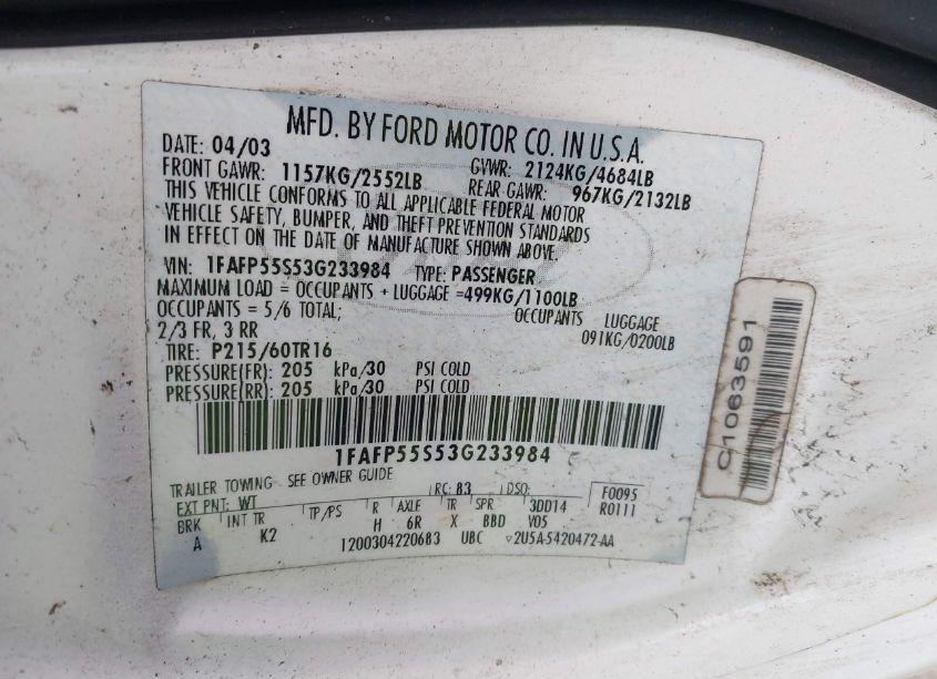 Photo 9 of 2003 Ford Taurus SES (VIN 1FAFP55S53G233984)