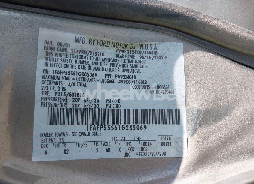 Photo 9 of 2001 Ford Taurus SES (VIN 1FAFP55S61G285069)