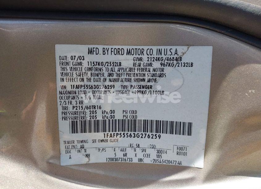 Photo 9 of 2003 Ford Taurus SES (VIN 1FAFP55S63G276259)