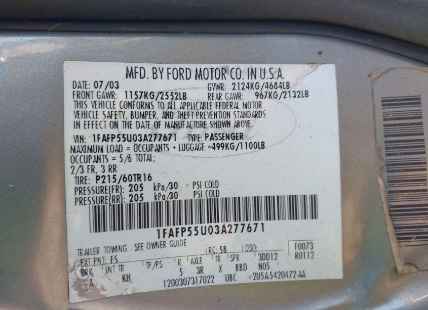 Photo 9 of 2003 Ford Taurus SES (VIN 1FAFP55U03A277671)