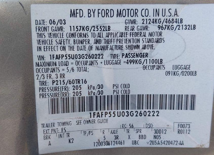 Photo 9 of 2003 Ford Taurus SES (VIN 1FAFP55U03G260222)