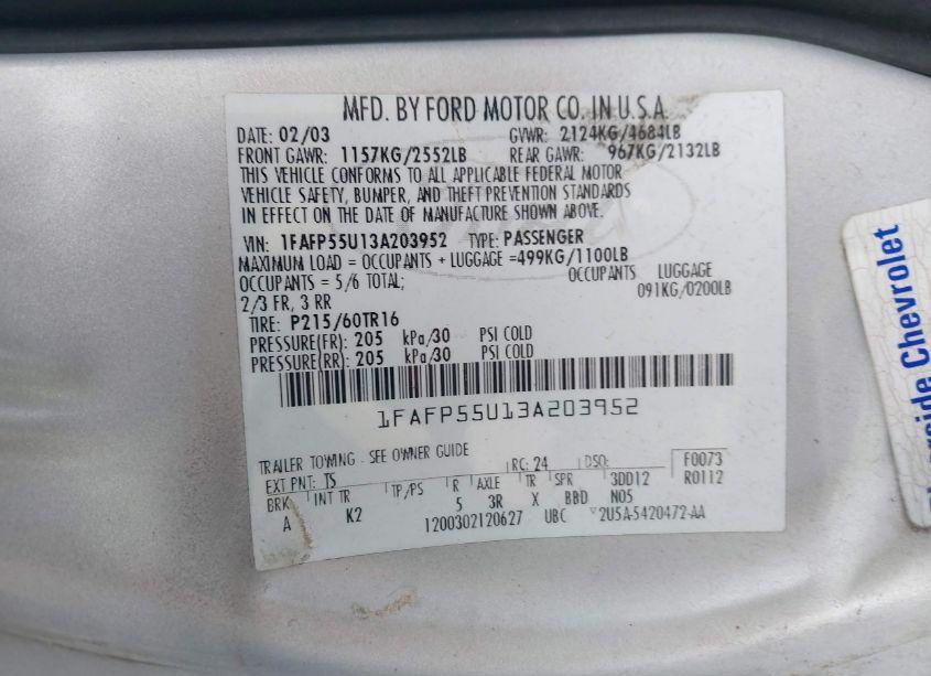 Photo 9 of 2003 Ford Taurus SES (VIN 1FAFP55U13A203952)