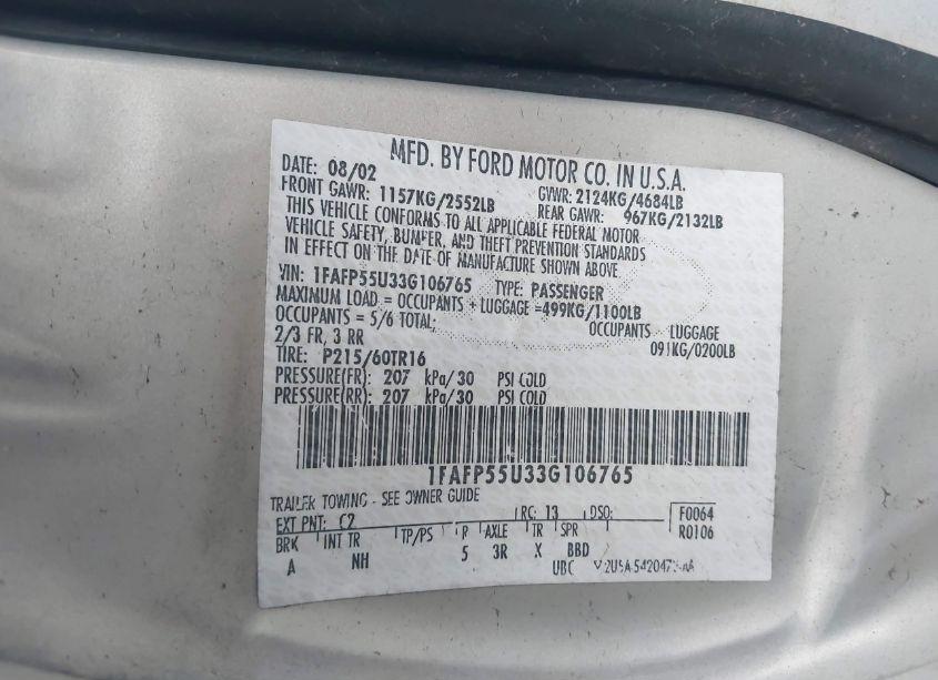 Photo 9 of 2003 Ford Taurus SES (VIN 1FAFP55U33G106765)