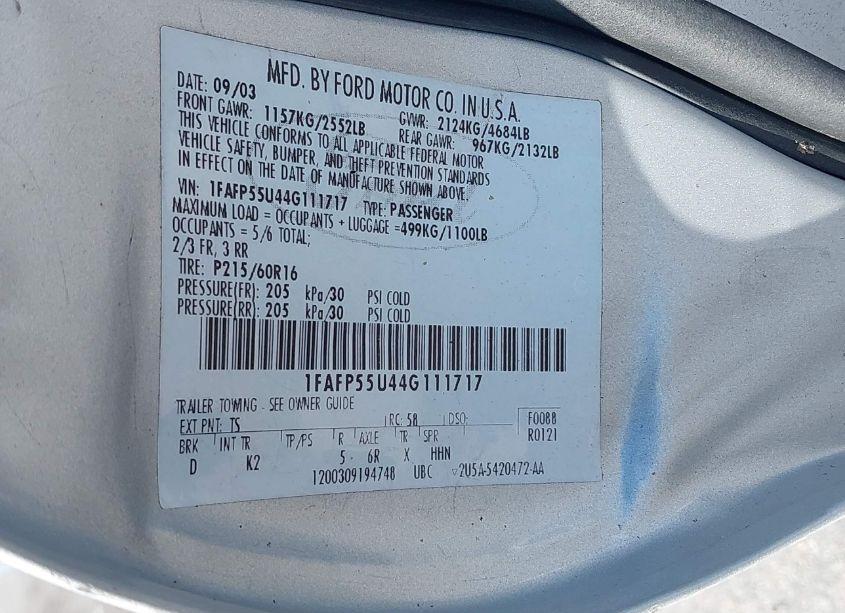 Photo 9 of 2004 Ford Taurus SES (VIN 1FAFP55U44G111717)