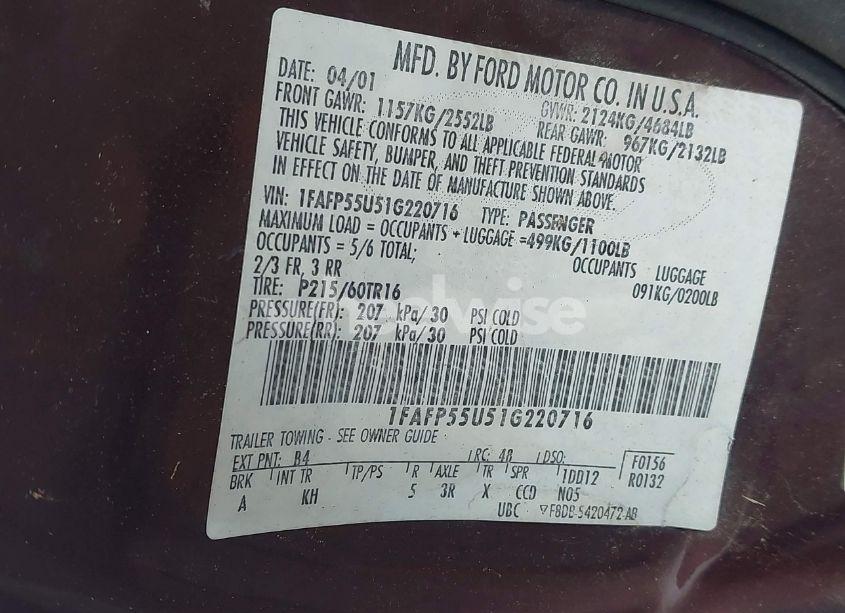 Photo 9 of 2001 Ford Taurus SES (VIN 1FAFP55U51G220716)