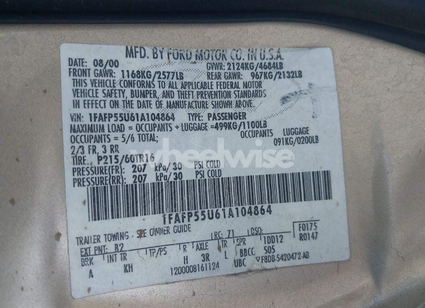 Photo 9 of 2001 Ford Taurus SES (VIN 1FAFP55U61A104864)