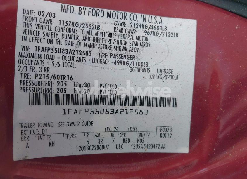 Photo 9 of 2003 Ford Taurus SES (VIN 1FAFP55U83A212583)