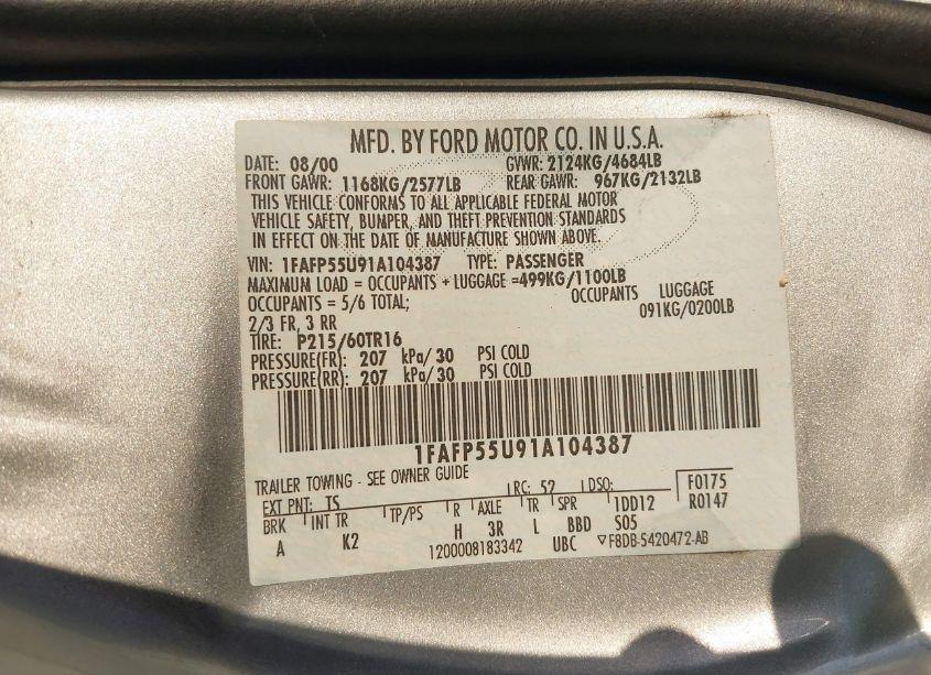 Photo 9 of 2001 Ford Taurus SES (VIN 1FAFP55U91A104387)