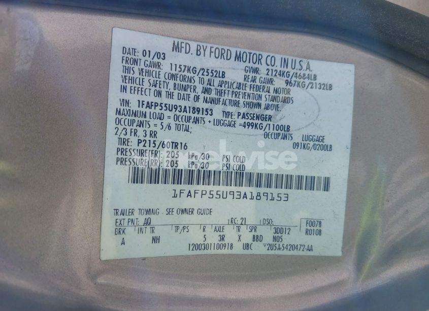 Photo 9 of 2003 Ford Taurus SES (VIN 1FAFP55U93A189153)