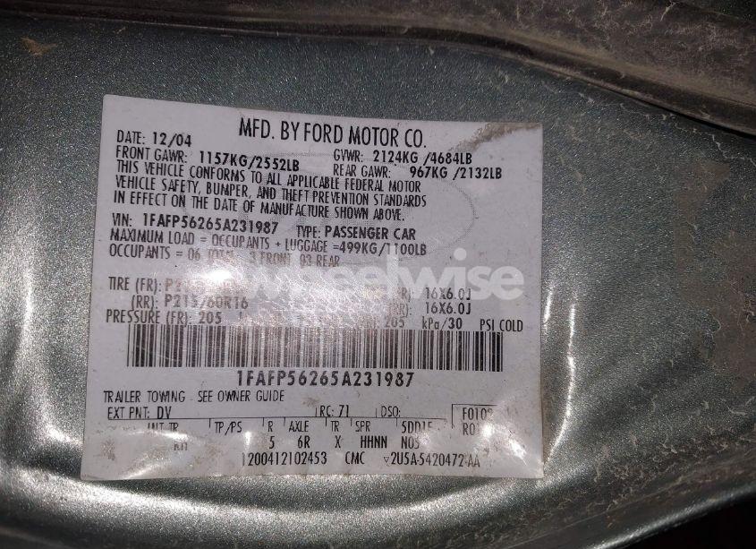 Photo 9 of 2005 Ford Taurus SEL (VIN 1FAFP56265A231987)