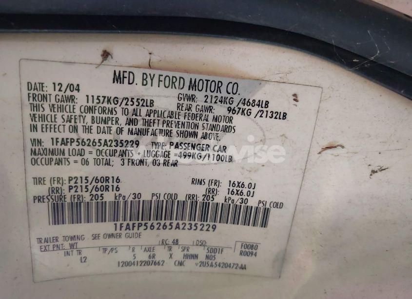 Photo 9 of 2005 Ford Taurus SEL (VIN 1FAFP56265A235229)