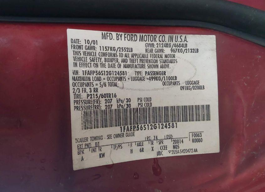 Photo 9 of 2002 Ford Taurus SEL (VIN 1FAFP56S12G124581)